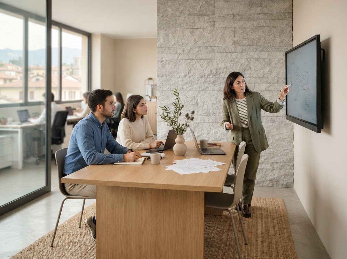 BTC-Belant v17.2: dettaglio di texture in pietra con tablet che mostra una dashboard di valutazione del rischio